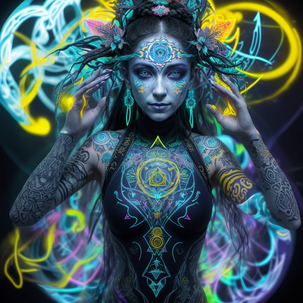 an illuminated fit female body decorated with strange colorful tattoos, in the style of white epoxypropyl uv-reactive ink inspired installations, goddess of the spiritual DMT realm, dark navy and yellow, sacred geometry influence, glowwave, monochrome portraits, neuron inspired, smooth skin, cool eyes, beautiful face, sinister smile