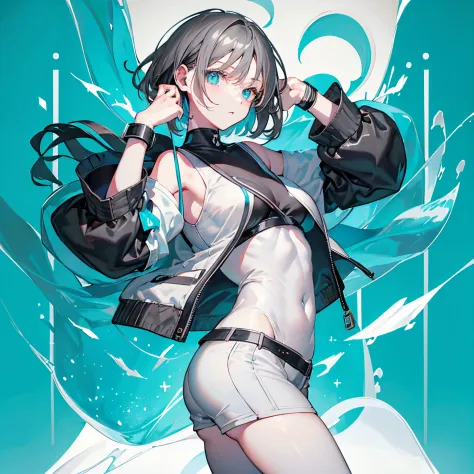 (masutepiece:1.2, Best Quality),  [1 girl in, expressioness, Turquoise eyes, black hair, half short cut hair,White Jacket,jacket...