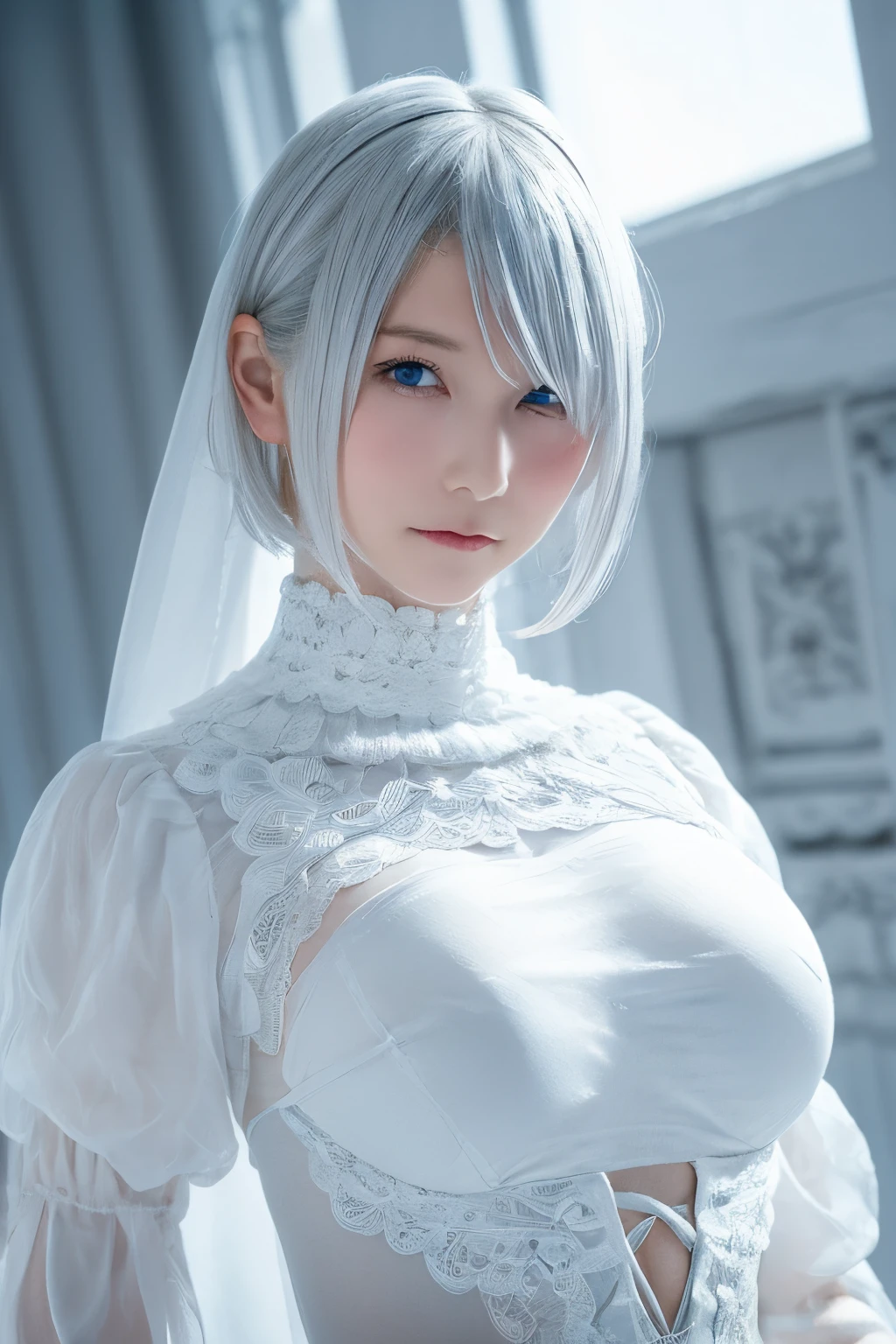 ((High quality)),masutepiece,(Detailed depiction of local details:1.2),1girl in,Blue eyes,(large full breasts:1.2),Closed mouth,Eyelashes,Looking at Viewer,Portrait,Solo,Upper body,White hair,White theme,Short hair,Silver hair,shairband,Yorha No. 2 Type B,