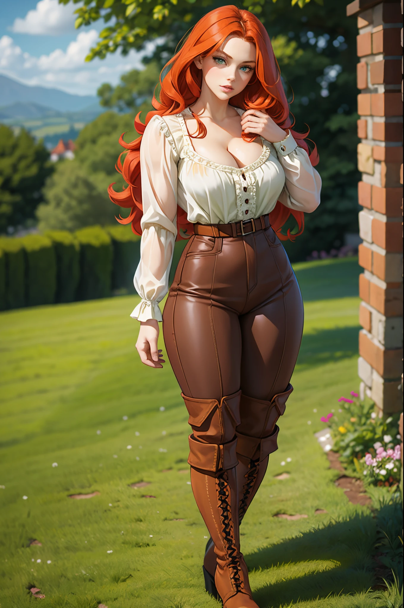 1woman,redhead,ginger,green eyes,fine face,fine lips,British descent,(muscular),long hair,wavy hair,cottage blouse,cleavage blouse,Victorian blouse,lether pants,long boots,lether boots,Slouchy over-the-knee boots