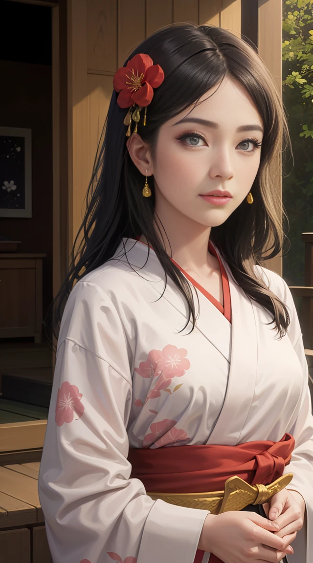 best quality,ultra-detailed,realistic,photorealistic:1.37,woman in kimono,beautiful detailed eyes,beautiful detailed lips,lovely smile,kimono pattern,kimono fabric,traditional japanese hairstyle,elegant posture,serene expression,graceful gestures,traditional japanese garden background,subtle lighting,vibrant colors,traditional japanese art style,cherry blossoms,vivid nature scenery,fine brushstrokes,delicate details,geisha-like makeup,serene atmosphere,authentic cultural representation