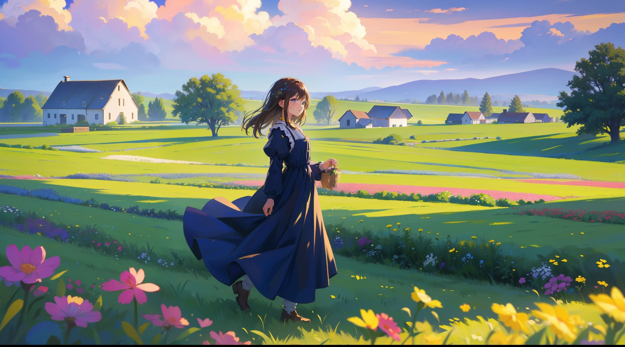 countryside, field, meadow, flowers, beautiful girl in peasant dress walking through field, ((cottage farmhouse and barn)), masterpiece, best quality, sharp focus, intricate details, perfection, golden ratio composition, 8k resolution, high resolution, beautiful, beautiful sky, vibrant pastel colors, bright colors