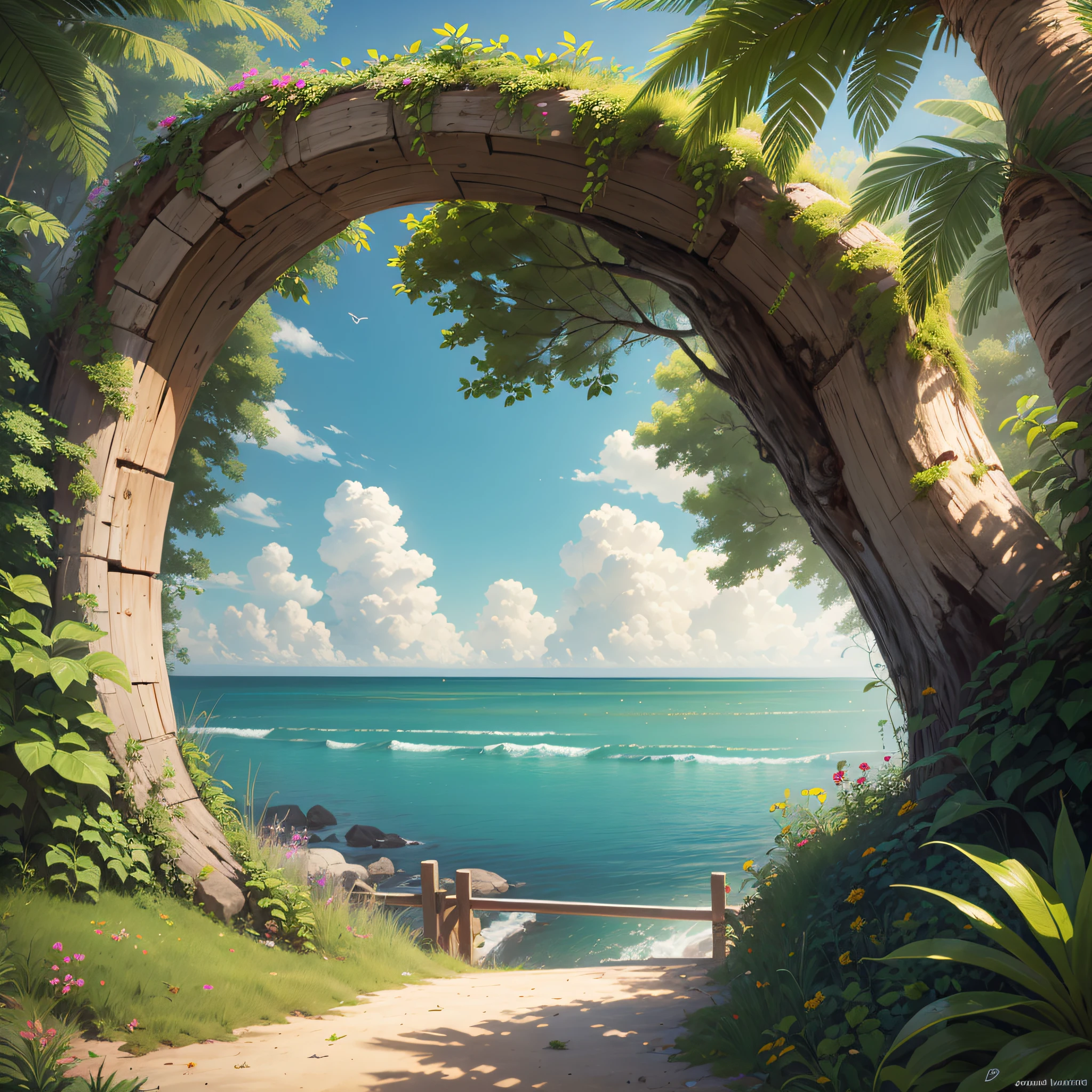 A painting of a pathway leading to a beach with a gate - SeaArt AI