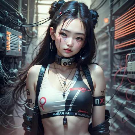 Cyberpunk, damged, robot, dead robot, wires, lose a part of her face in war, wires came out in the lose part of face, trashed, c...