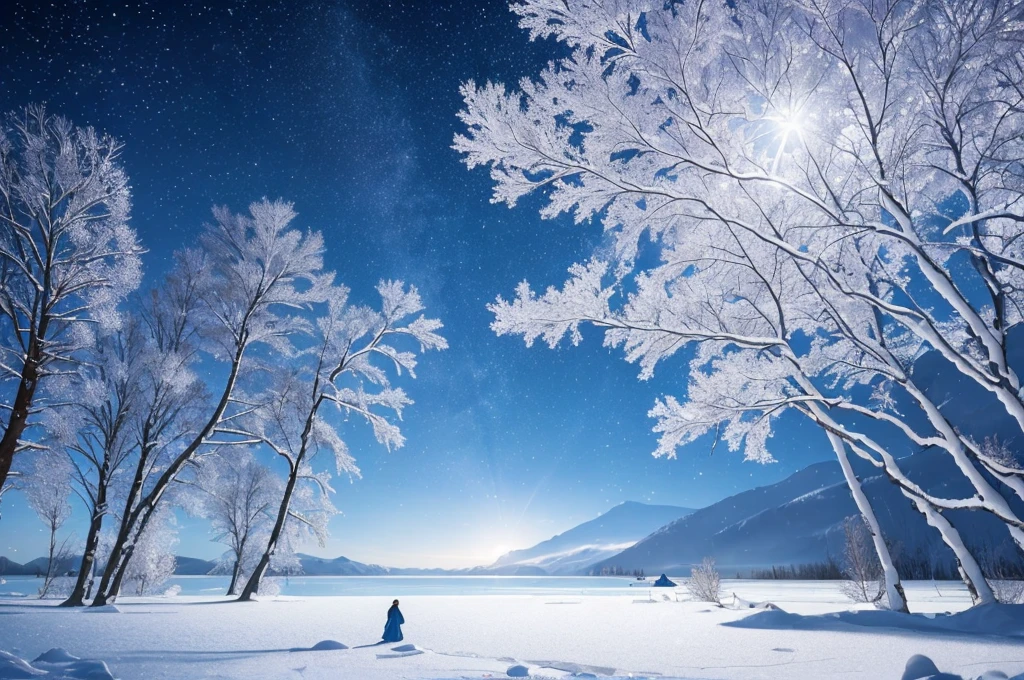 (Best quality, 4K, A high resolution:1.2), ultra - detailed,super complex，Winter wonderland, A world of pure white, extreme tranquility, Away from the hustle and bustle, Extremely elegant, Snowy Land, Sparkling snow crystal universe,calm silence, Delicate snowflakes dance in the air,Glittering icicles, pastel sparkle, EtherealBeauty, Frozen lake, peacful,Amazing, Independent of time,Winter hugs, A haven of tranquility, light snowing,