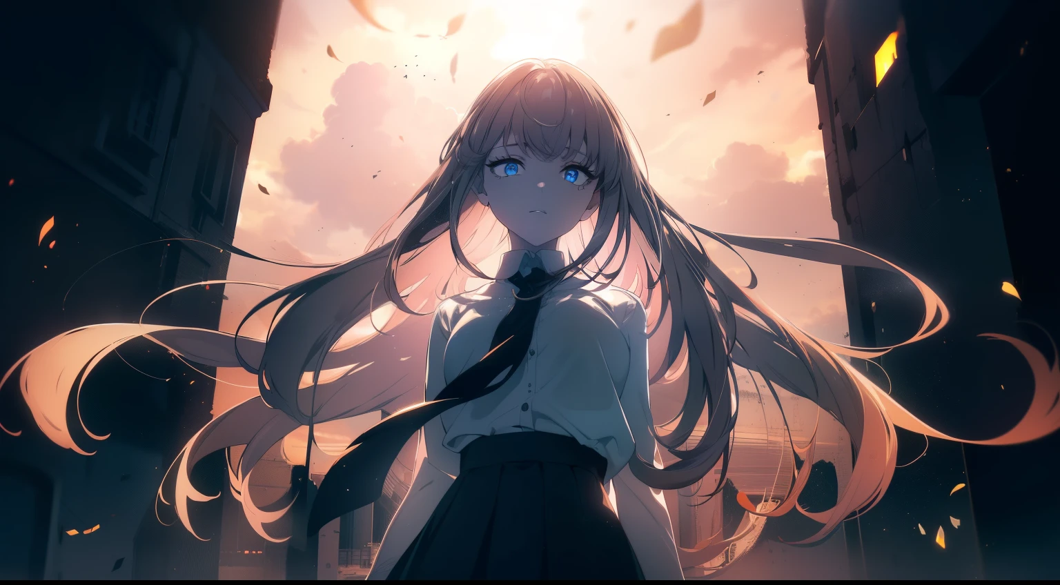 (((Obra maestra, La mejor calidad, ultrahigh resolution))), (((wide shot))), 1girl, standing, school uniform, white office shirt, black pleated skirt, ((light brown hair:0.7)), long hair cut, pale skin, ((blue eyes)), glowing_eyes, neon eyes, (((ultra detailed eyes, beautiful and detailed face, detailed eyes))), ((centered subject)), smile, ((wide shot)), facing viewer, eye level, (sunset background), flat chested, looking at viewer, ((half closed eyes)), ((perfect hands)), (((head, arms, hips, elbows, in view))), ((hands behind back)), empty eyes, beautiful lighting, outside, outdoors, shooting star:0.7, background, defined subject, massive hot sun, 25 years old