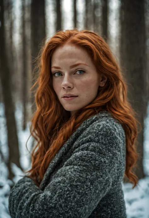photo of a women, ginger hair, winter forest, natural skin texture, 24mm, 4k textures, cinematic light, RAW photo, hdr