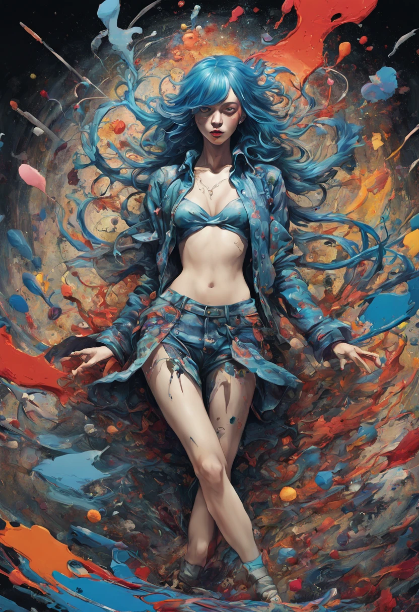 a woman with blue hair wearing a colorful outfit and a colorful background with paint splatters on it, by Hirohiko Araki,official art, unity 8k wallpaper, ultra detailed, beautiful and aesthetic, masterpiece, best quality, (zentangle, mandala, tangle, entangle), 1girl, extremely detailed, dynamic angle, cowboyshot, the most beautiful form of chaos, elegant, a brutalist designed, vivid colours, romanticism, by james jean, roby dwi antono, ross tran, francis bacon, michal mraz, adrian ghenie, petra cortright, gerhard richter, takato yamamoto, ashley wood, atmospheric, ecstasy of musical notes, streaming musical notes visible