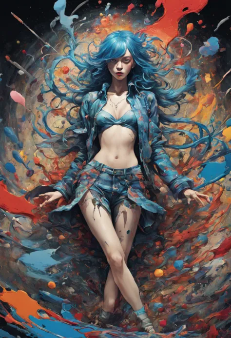 a woman with blue hair wearing a colorful outfit and a colorful background with paint splatters on it, by Hirohiko Araki,officia...