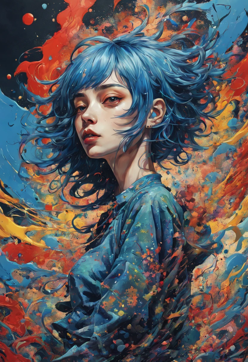 a woman with blue hair wearing a colorful outfit and a colorful background with paint splatters on it, by Hirohiko Araki,official art, unity 8k wallpaper, ultra detailed, beautiful and aesthetic, masterpiece, best quality, (zentangle, mandala, tangle, entangle), 1girl, extremely detailed, dynamic angle, cowboyshot, the most beautiful form of chaos, elegant, a brutalist designed, vivid colours, romanticism, by james jean, roby dwi antono, ross tran, francis bacon, michal mraz, adrian ghenie, petra cortright, gerhard richter, takato yamamoto, ashley wood, atmospheric, ecstasy of musical notes, streaming musical notes visible