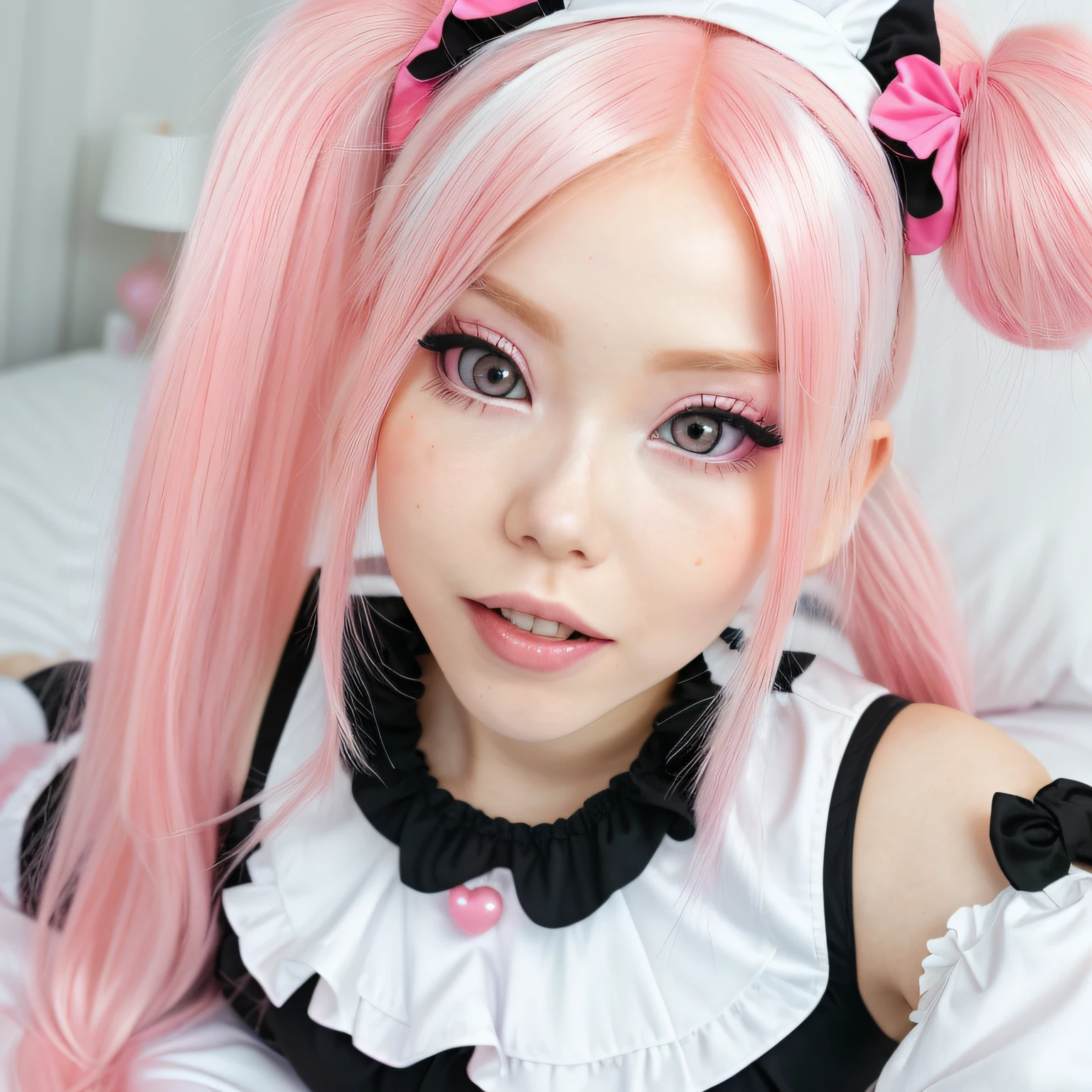Pink haired woman in a white and black outfit laying on a bed, belle delphine, ahegao, anime vibes, ahegao face, anime barbie in white stockings, shikamimi, webcam footage, highly realistic. live cam, y 2 k cutecore clowncore, pink twintail hair and cyan eyes, blonde hair and large eyes, low quality video