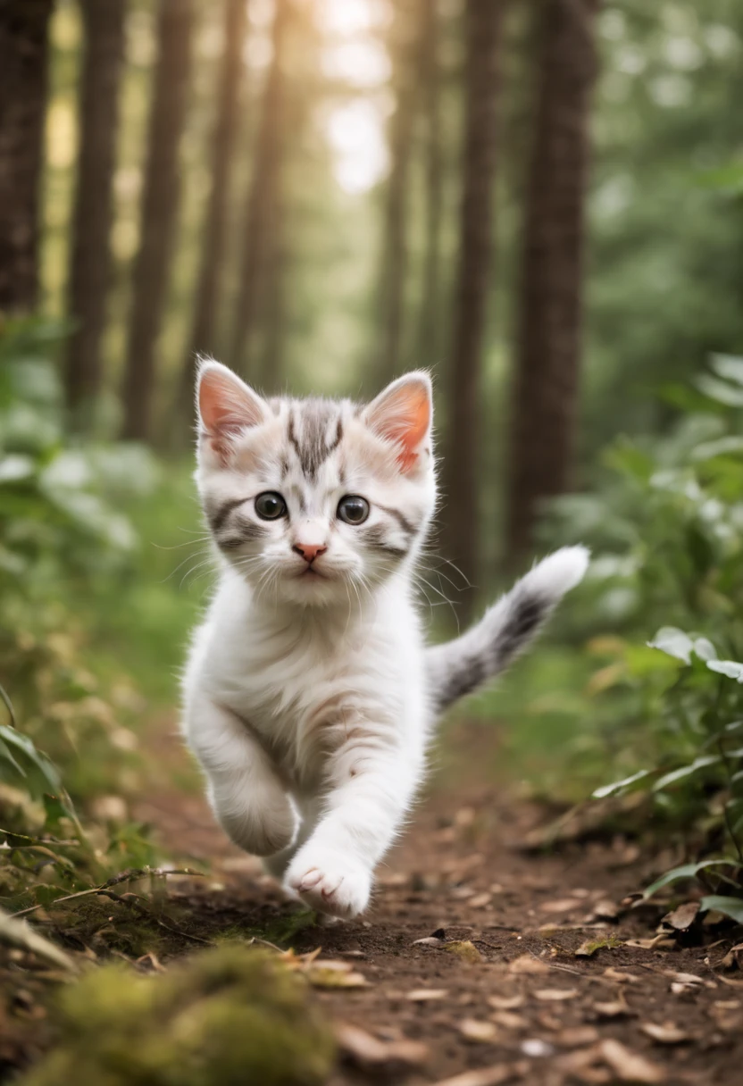 a very cute kitten running towards camera, winter green forest