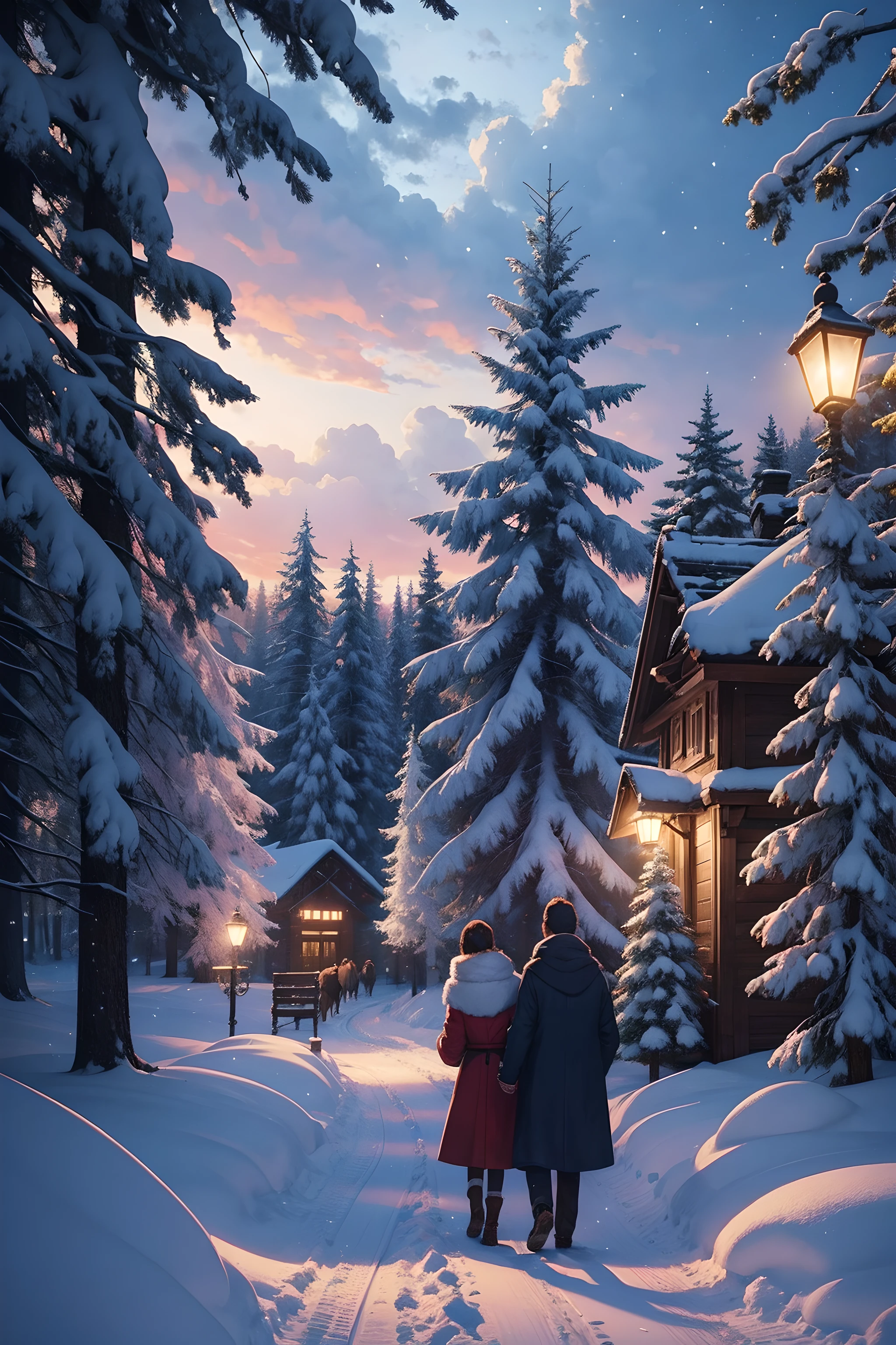 (8k, top quality, masterpiece: 1.4), ultra detail, super resolution, a cute digital illustration of a winter wonderland with lights, ornaments, pine trees, magnificent glow, glowing lights, light particles, magic glow, vintage aesthetic, professional artwork, cheery atmosphere