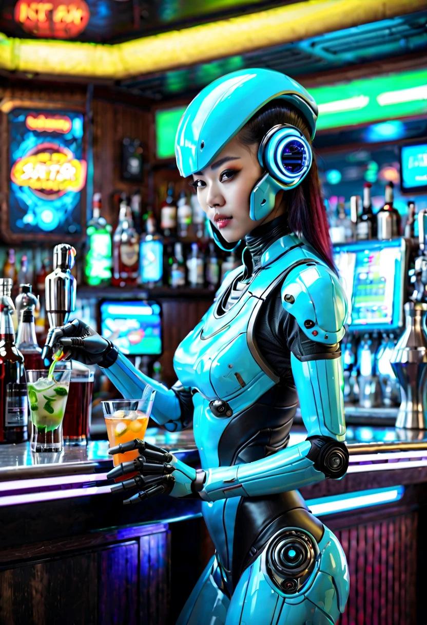 Interior de un bar de ciencia ficción con clientes extraterrestres y un camarero androide., hermosa mujer robot asiática pidiendo una bebida al camarero, mejor calidad, Súper detallado