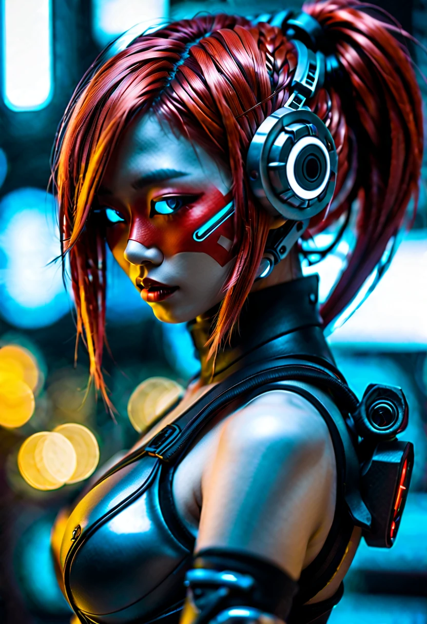 Cyberpunk bar, sexy erotic Asian cyborg with braided metallic red hair and  glowi - SeaArt AI