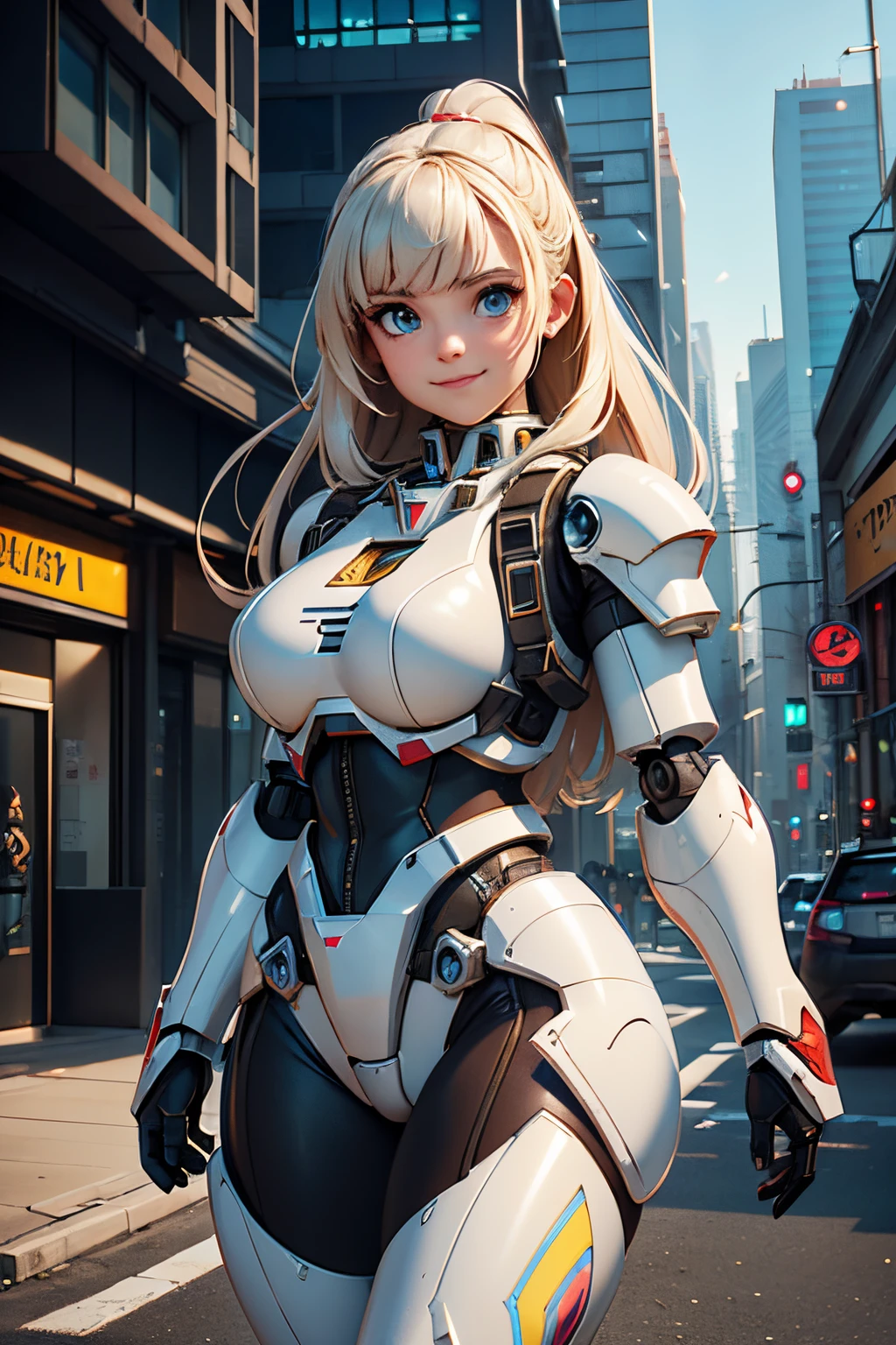 Beautiful hyperrealistic photograph of cute smiling white woman cyberpunk female, (((wearing full heavy mecha armor, combat harness))) shapeless cyberpunk hairstyle, (((dynamic pose))), cyberpunk street background, abstract beauty, near perfection, pure form, Golden Ratio, concept art, By Brian Froud and Carne Griffiths and Wadim Kashin, intricate detail, 8k post-production, High resolution, super Detail, trending on ArtStation, sharp focus, studio photos, intricate detail, Very detailed, By Greg Rutkowski