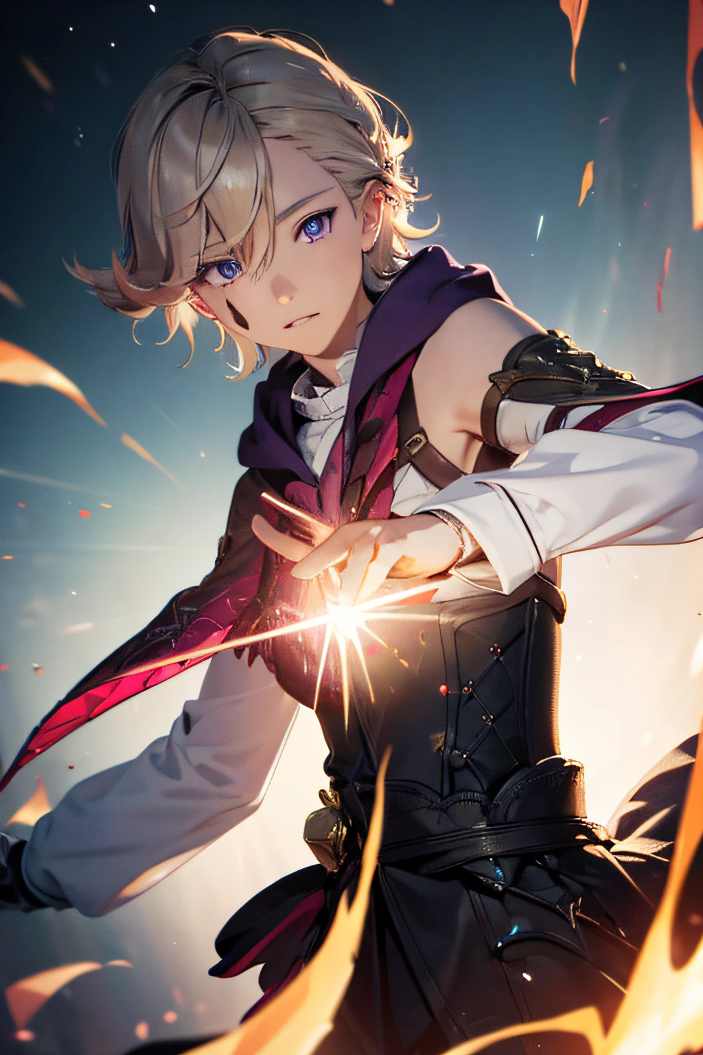 (masterpiece:1. 331), best quality, wallpaper, extremely detailed cg unity 8k wallpaper, absurdres, highres, incredibly absurdres, (1boy), solo, boyish features, lyney ((genshin impact)), blonde hair, violet eyes, highly detailed, extremely detailed CG unity 8k wallpaper, illustration, highres, absurdres, beautiful detailed face, finely detailed eyes, half bust, facing camera, looking down, chromatic aberration, lens flare, fantasy, wide shot, vanishing point, fire magic