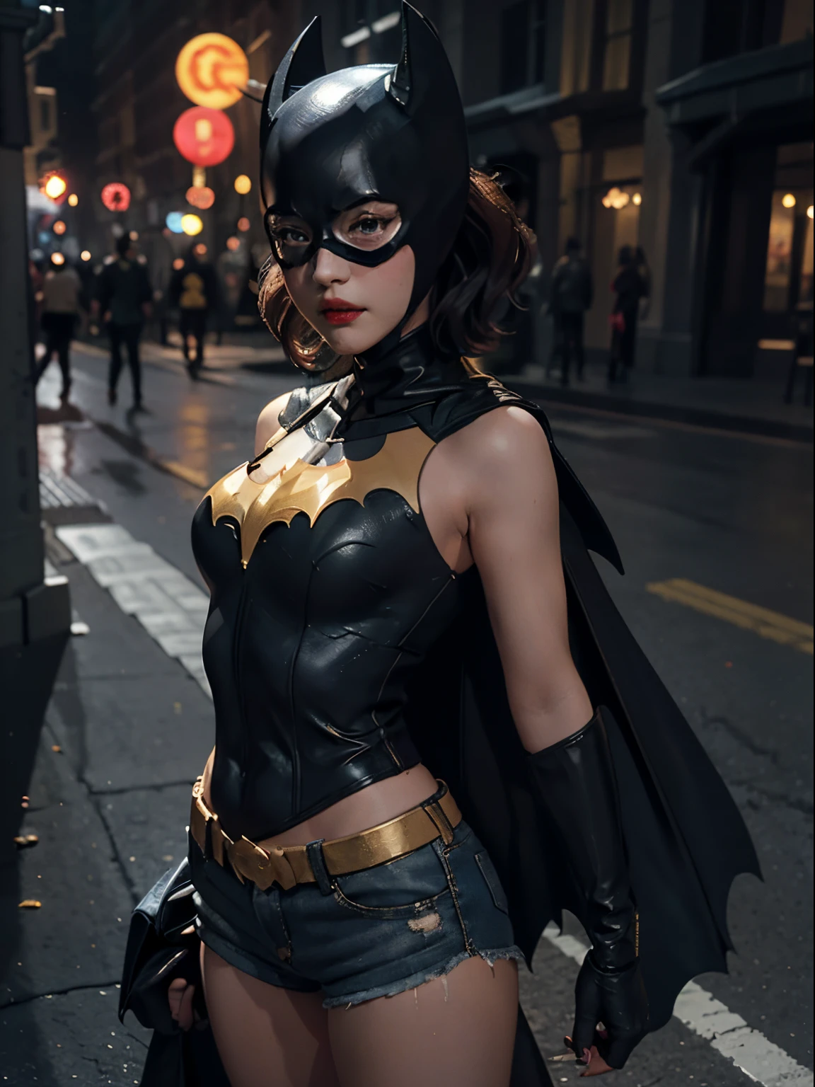 Batgirl (1girl, medium breasts, cleavage, short shorts, short cape) best quality masterpiece，Ultra-high resolution，（fidelity：1.4）， RAW photograph，1 girl， cropped shoulders， In the dark， low tune， short detailed hair。