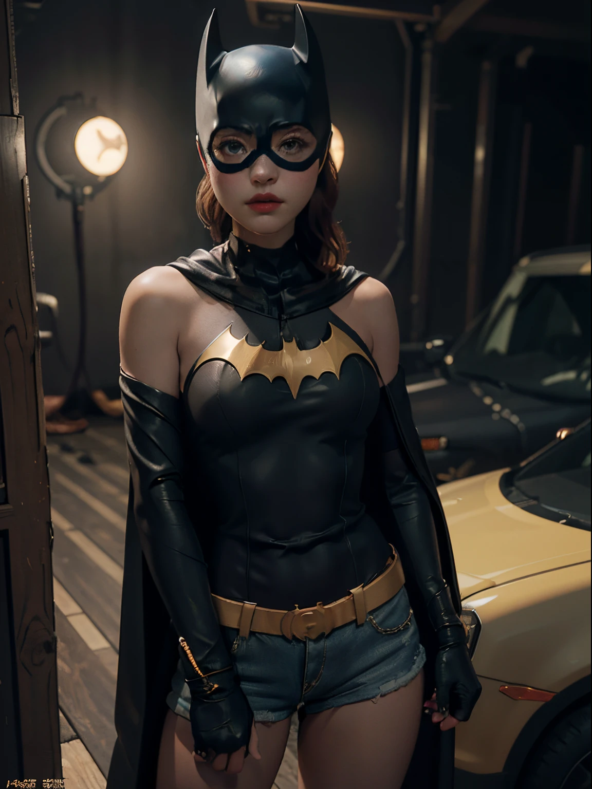 Batgirl (1girl, medium breasts, cleavage, short shorts, short cape) best quality masterpiece，Ultra-high resolution，（fidelity：1.4）， RAW photograph，1 girl， cropped shoulders， In the dark， low tune， short detailed hair。