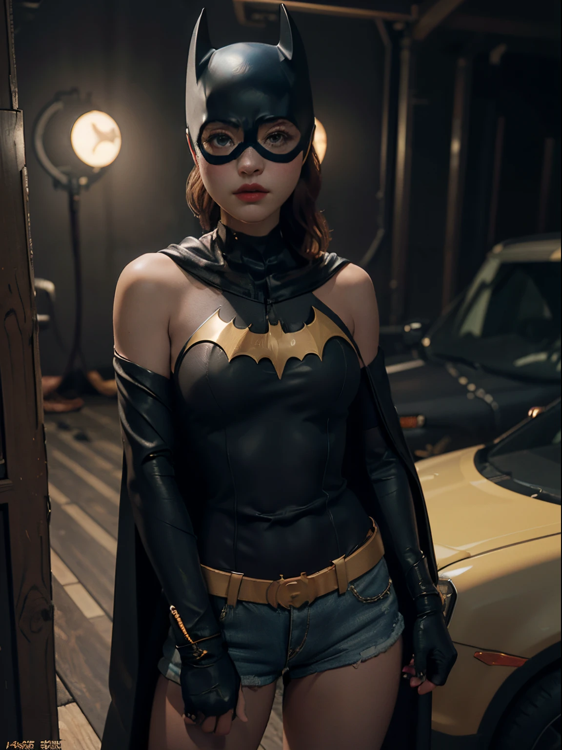 batgirl (1 Mädchen, mittlere Brüste, Dekollete, kurze Shorts, kurzer Umhang) Meisterwerk in bester Qualität，ultrahohe Auflösung，（Treue：1.4）， RAW-Foto，1 Mädchen， verkürzte Schultern， im Dunkeln， tiefe Melodie， kurzes, detailreiches Haar。