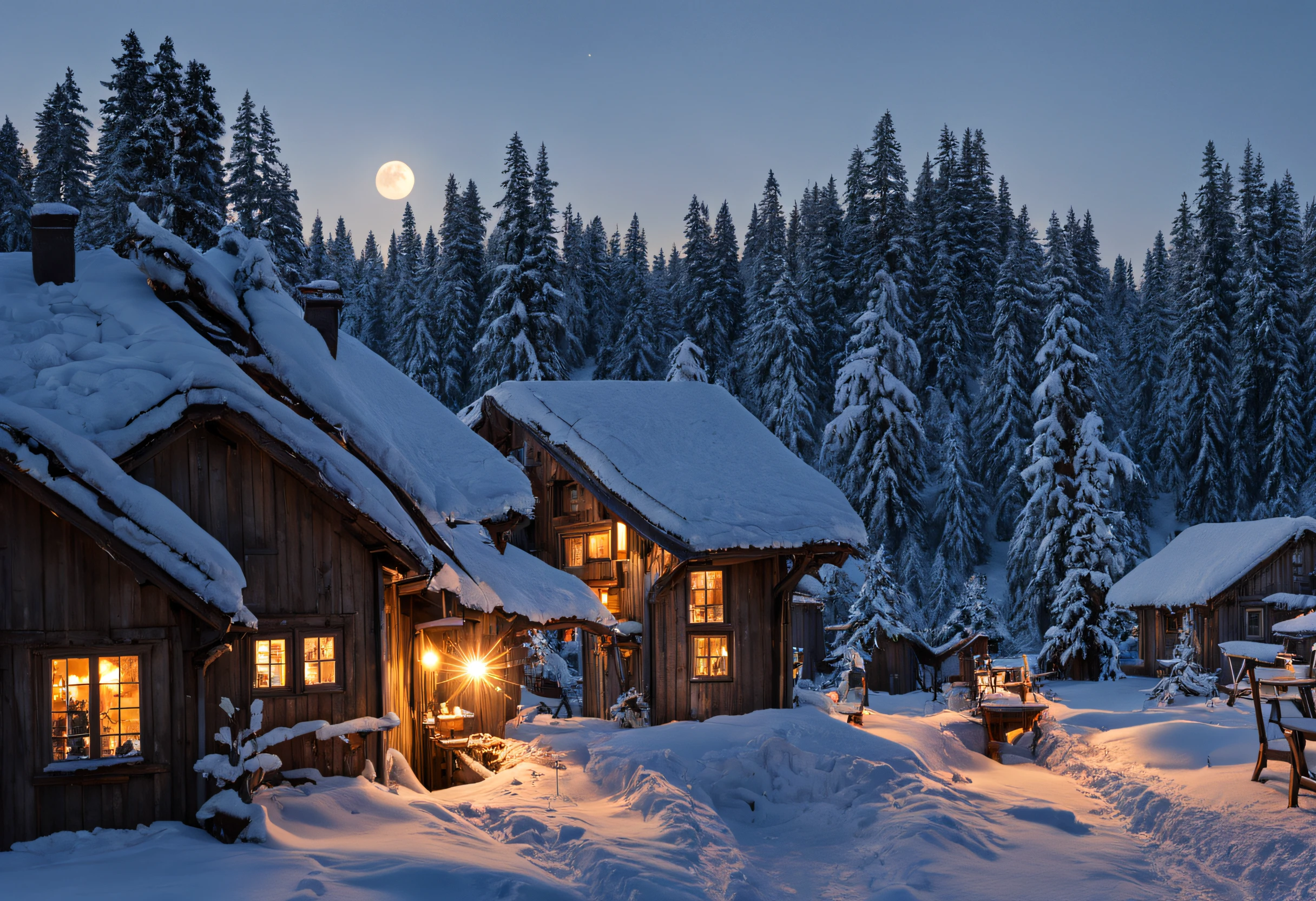 (best quality,4k,8k,highres,masterpiece:1.2),ultra-detailed,(realistic,photorealistic,photo-realistic:1.37),winter wonderland in a village with wooden houses,snow-covered scenery,cozy atmosphere,peaceful,serene,quiet,twinkling lights,smoke rising from chimneys,snowflakes gently falling from the sky,soft powdery snow on trees and rooftops,frosted windows,frozen pond with ice skaters,enchanting,whimsical,candlelit windows,children building snowmen,sleigh rides,horse-drawn carriages,jingling bells,crisp air,steaming cups of hot cocoa,roaring fireplace,woolen scarves and mittens,ice crystals reflecting sunlight,icy breath,full moon shining brightly,icy branches glistening,magical,ethereal,sparkling stars,glowing lanterns,wooden sleds leaning against houses,crunchy footsteps in the snow.