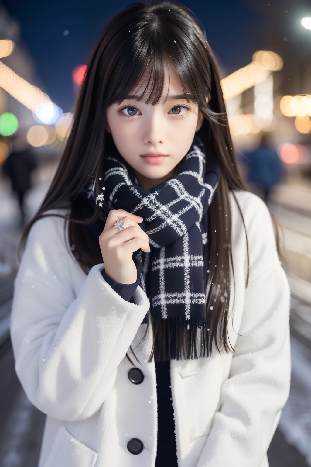 A close up of a woman wearing a white coat and a scarf - SeaArt AI