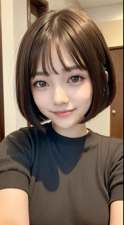She has brown bob cut hair、Cute smile、Small eyes、lips are thin and small、