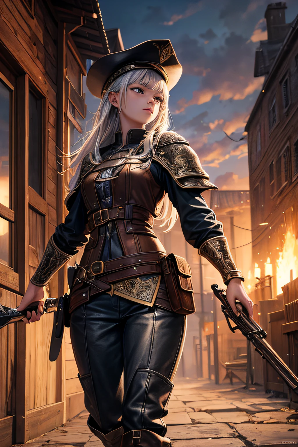 young teen girl, medieval gunslinger, long pants, boots, hat, coat, ,wielding a wild west style remington riffle, small breasts,, highly detailed, vibrant appearance, creative behavior, extremly detailed, imaginative, sensual, spontaneous, highest quality, skin texture, intricate details, (cinematic lighting), RAW photo, 8k, masterpiece,best quality,ultra-detailed,very detailed illustrations,extremely detailed,intricate details,highres,super complex details,extremely detailed 8k cg wallpaper,