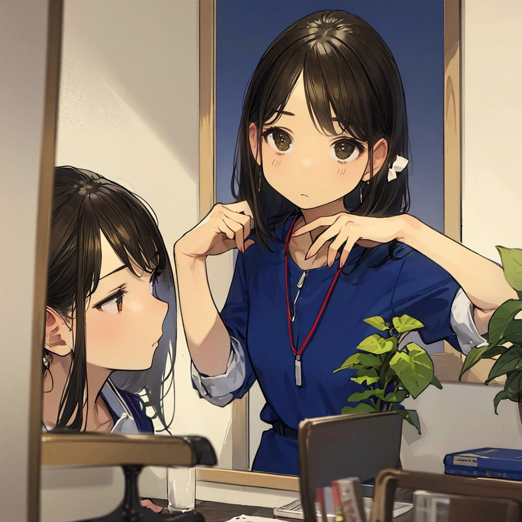 1 girl,Computer， Solo, stairways, Long hair, Brown hair, plant, shirt, Bird, catss reflection in a mirror, appearing through optical illusions, vibrant colors, detailed facial features and expressions, ethereal ambiance, delicate translucency, captivating beauty, surrealistic elements. multiple cats