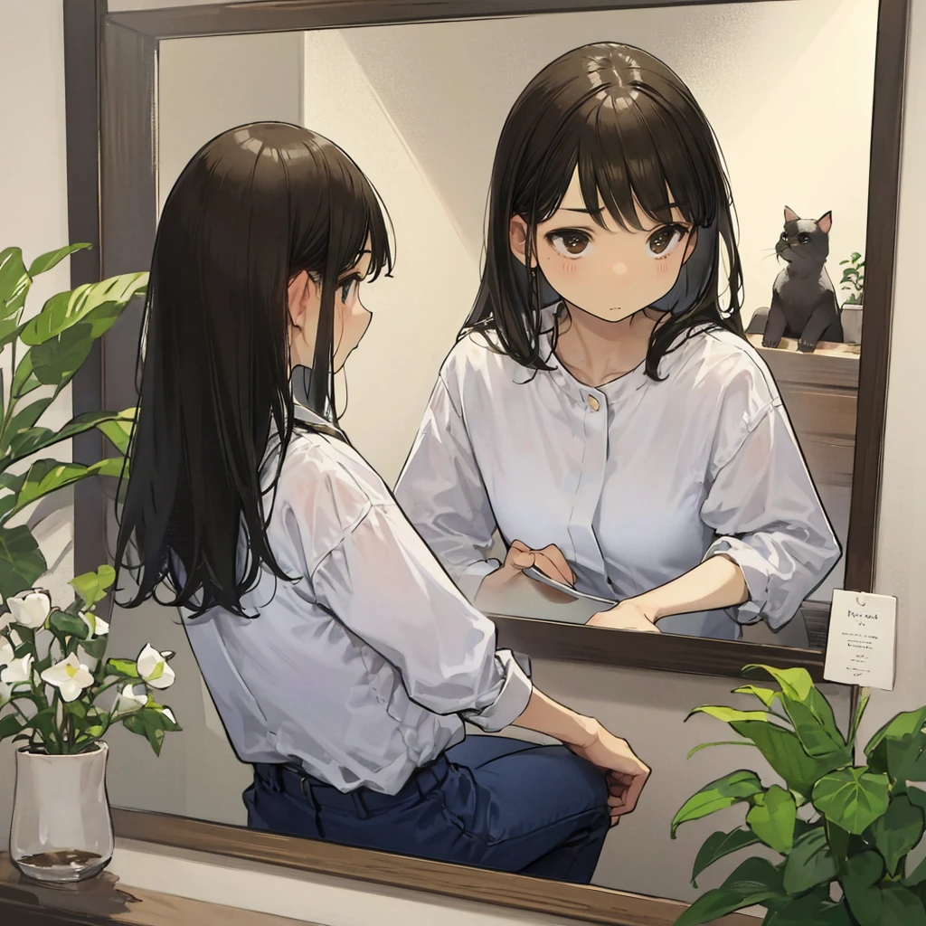 1 girl,Computer， Solo, stairways, Long hair, Brown hair, plant, shirt, Bird, catss reflection in a mirror, appearing through optical illusions, vibrant colors, detailed facial features and expressions, ethereal ambiance, delicate translucency, captivating beauty, surrealistic elements. multiple cats