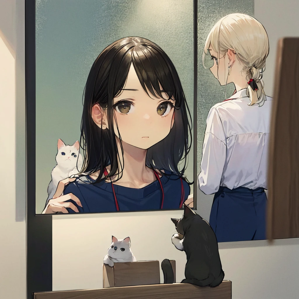 1 girl,Computer，multiple cats Solo, stairways, Long hair, colorful hair Brown hair, plant, shirt, Bird, catss reflection in a mirror, appearing through optical illusions, vibrant colors, detailed facial features and expressions, ethereal ambiance, delicate translucency, captivating beauty, surrealistic elements. multiple cats,