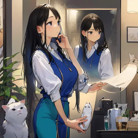 1 girl,Computer，multiple cats Solo, stairways, Long hair, colorful hair Brown hair, plant, shirt, Bird, catss reflection in a mi...