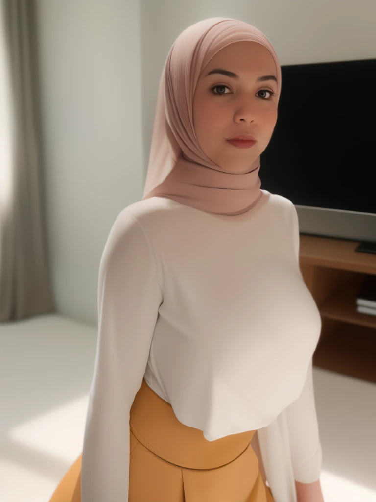 Muslim woman in white top and yellow skirt standing in front of a  television - SeaArt AI