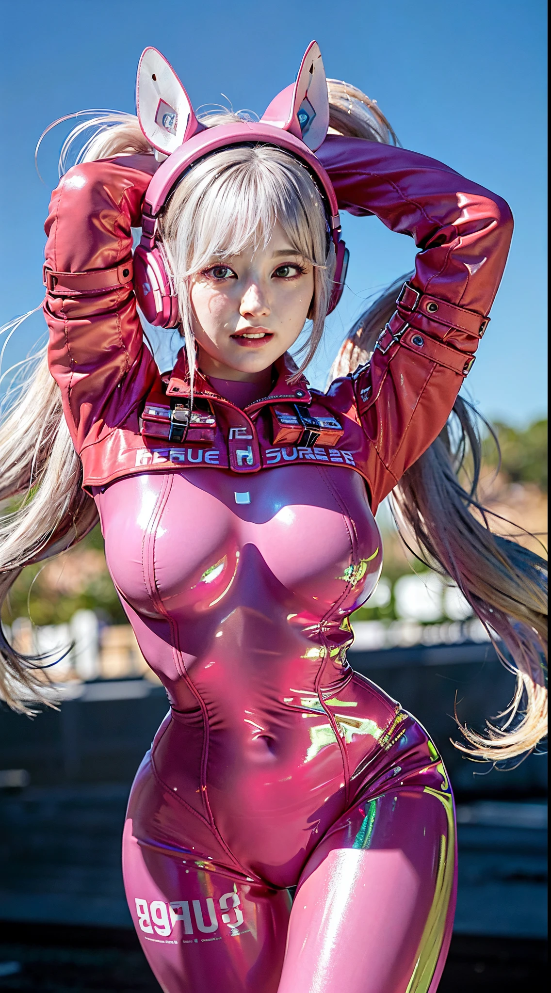 (Raw photo, Best Quality, masutepiece:1.2), (Realistic, Photorealsitic:1.4),(masutepiece:1.4),(Best Quality:1.4),1girl in, Solo, :D, animal ear headphones, Animal ears, Arms up, Bangs, blush, body suit, breasts, Bunny Pose, clothes writing, Covered navel, Cowboy Shot, Cropped jacket, Fake animal ears, Earth Background,Looking at Viewer, Hair intake, headphones, impossible bodysuit, Impossible clothes, Jacket, Large breasts, Latex, Latex bodysuit, Long hair, Long sleeves, Looking at Viewer, Multicolored gloves, Open mouth, Pink Bodysuit, Pink eyes, Red Eyes, Red jacket, clothes shiny, Shrug \(Clothing\), side locks, Skin Tight, Smile, Thigh gap, thighs thighs thighs thighs, Twin-tailed, Very long hair, White Gloves, White hair,Alice \(nikke\),(Shiny skin),Realistic, soft focus golden hour lighting, strong rimlight, Splash particles, intense shadow,