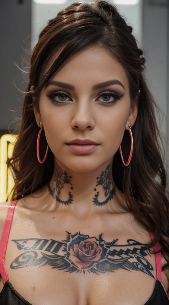 Photorealistic, Photo of European woman, colrful hair, huge eyelashes, huge bold eyelines, neon bold eyeshadows, high quality, colorful tattoos, huge earrings