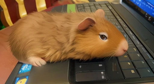Guinea pig, orange fur, looking to the camera, sitting on top of laptop, global illumination, 3D CGI