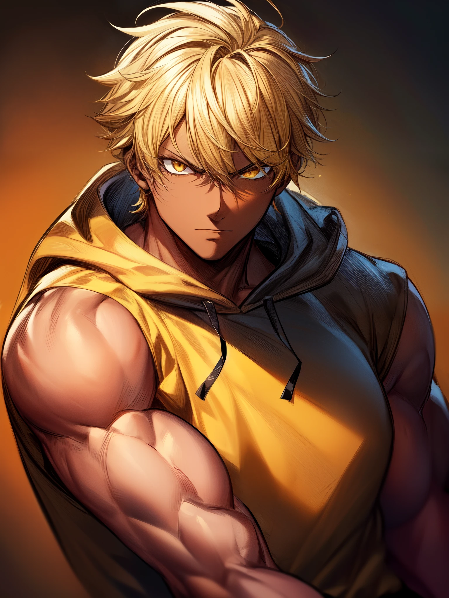 full body portrait, ((dark skin)), ((muscular male)), ((street clothes)), ((black hoodie)), ((male)), ((serious expression)), ((bright golden hair)), ((short wild hair)), ((mature male)), ((complementary colors)),1boy, beautifully drawn, high resolution illustration, best quality, High definition, ((detailed anime sketch)), Masterpiece, (solo), absurdres, detailed background, fine detail, male focus, HDR,