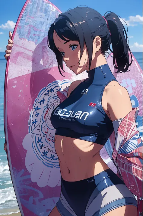 Please generate an image of a girl at full height standing on the seaside with a surfboard. She is wearing a blue surfing suit, ...