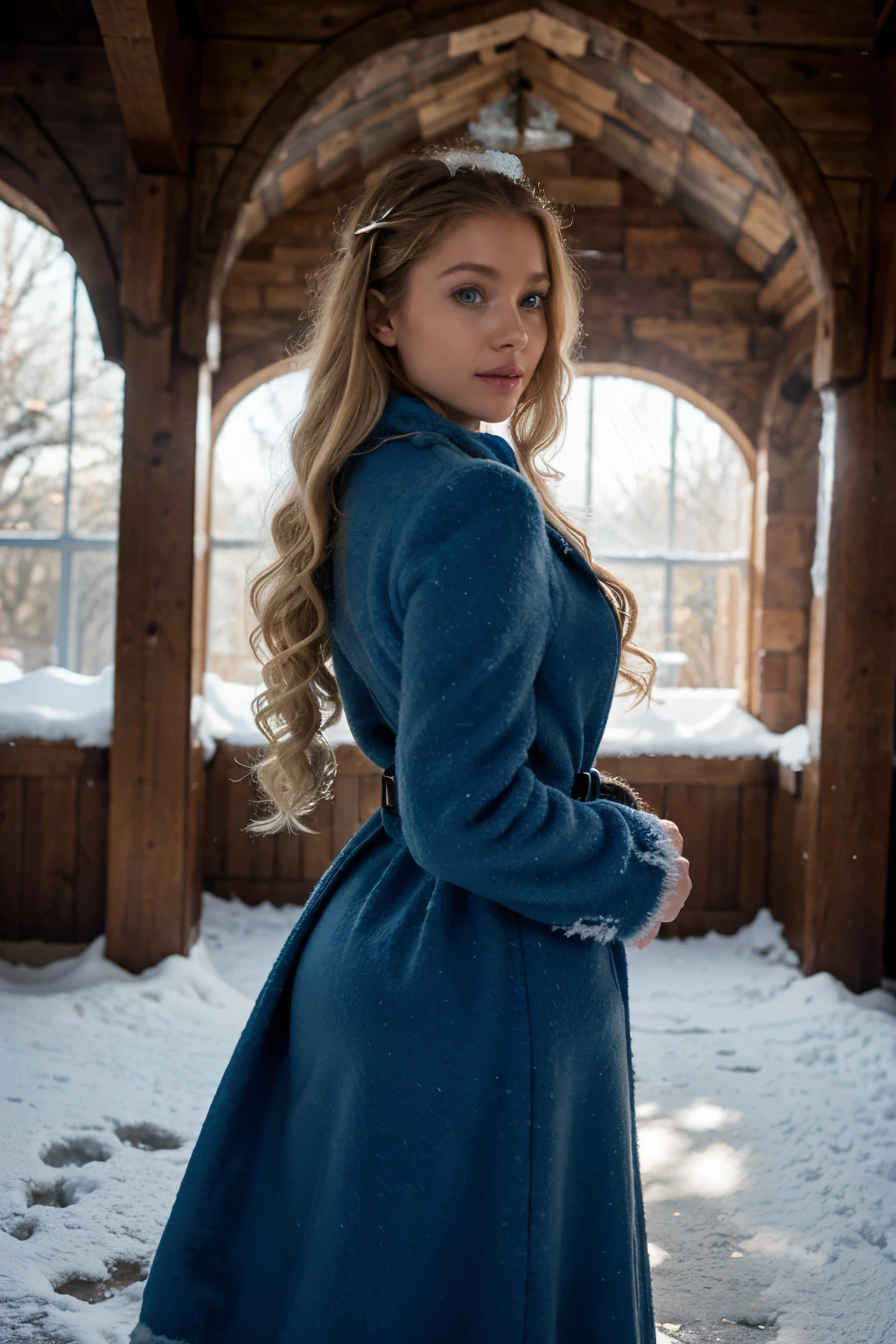 Transition the Christmas photoshoot Explore an ice castle or sculpture garden for a magical and artistic winter setting, featuring a blonde girl with cascading, curly hair till her sholders, enchanting blue eyes, and an alluring physique, enjoying the warmth from her wool coat,view from behind, Photography, Nikon Z7, 50mm f/1.8 lens