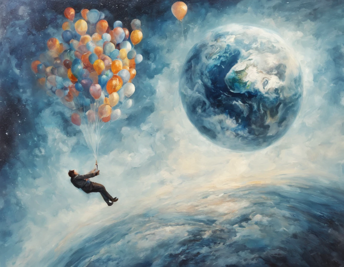 Double Exposure: oil painting,  Planet Earth in space,  we see double exposure of Earth and of a man floating by a bunch of helium balloons