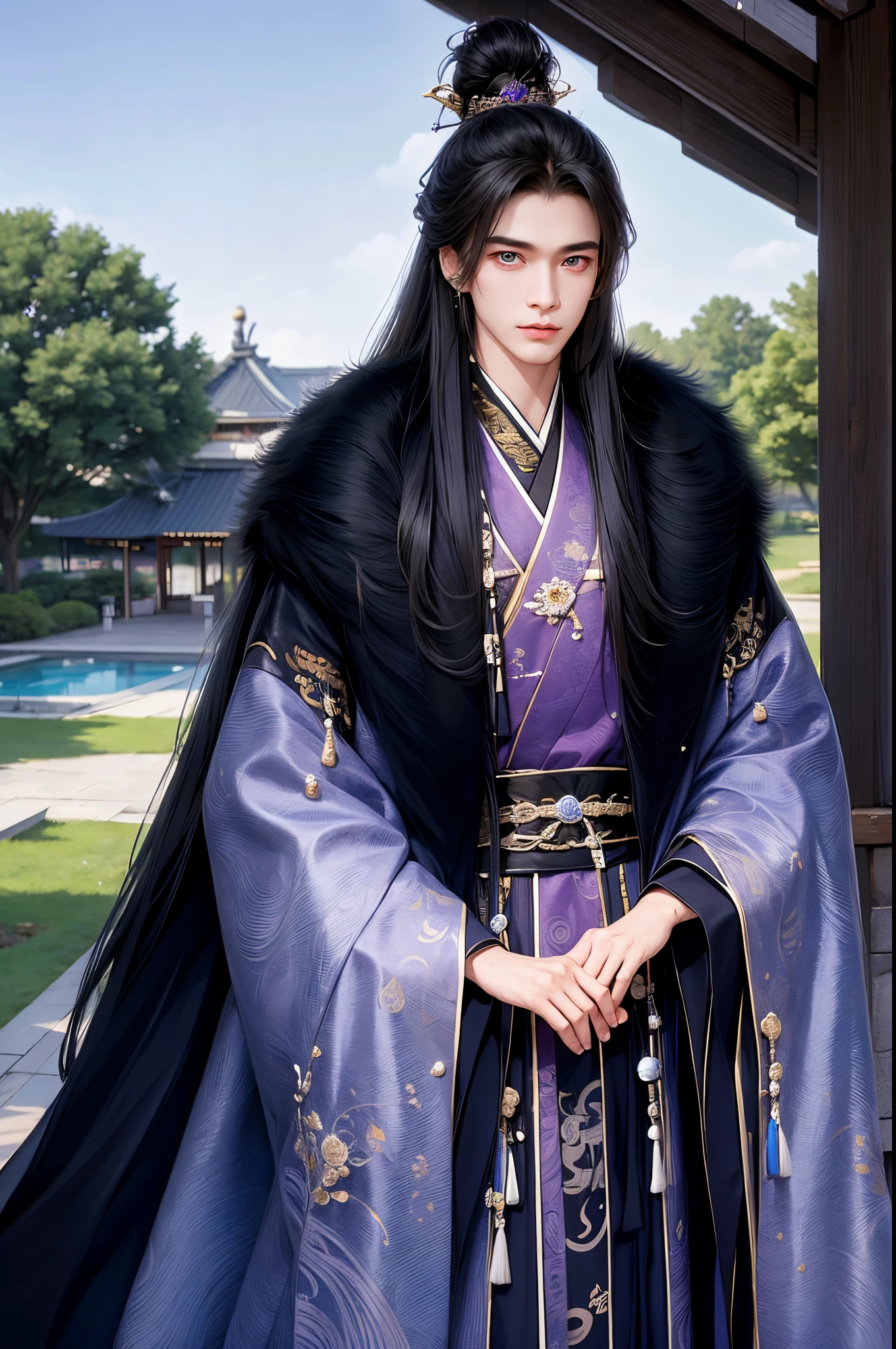 (Best quality at best,A high resolution,The image is clear:1.2),Ultra detailed backgrounds,Beautiful man standing holding sword，mesmerizing eyes，，wind blowing through，Chinese-style clothes,Purple robe，Black fur collar cloak，Garden scene,under moonlight,，waterfall man，Romantic atmosphere,，Dutch Angle Shot,gentlesoftlighting,portrait of upper body，The noble prince with sharp eyeembers of the royal family，hair adornments，