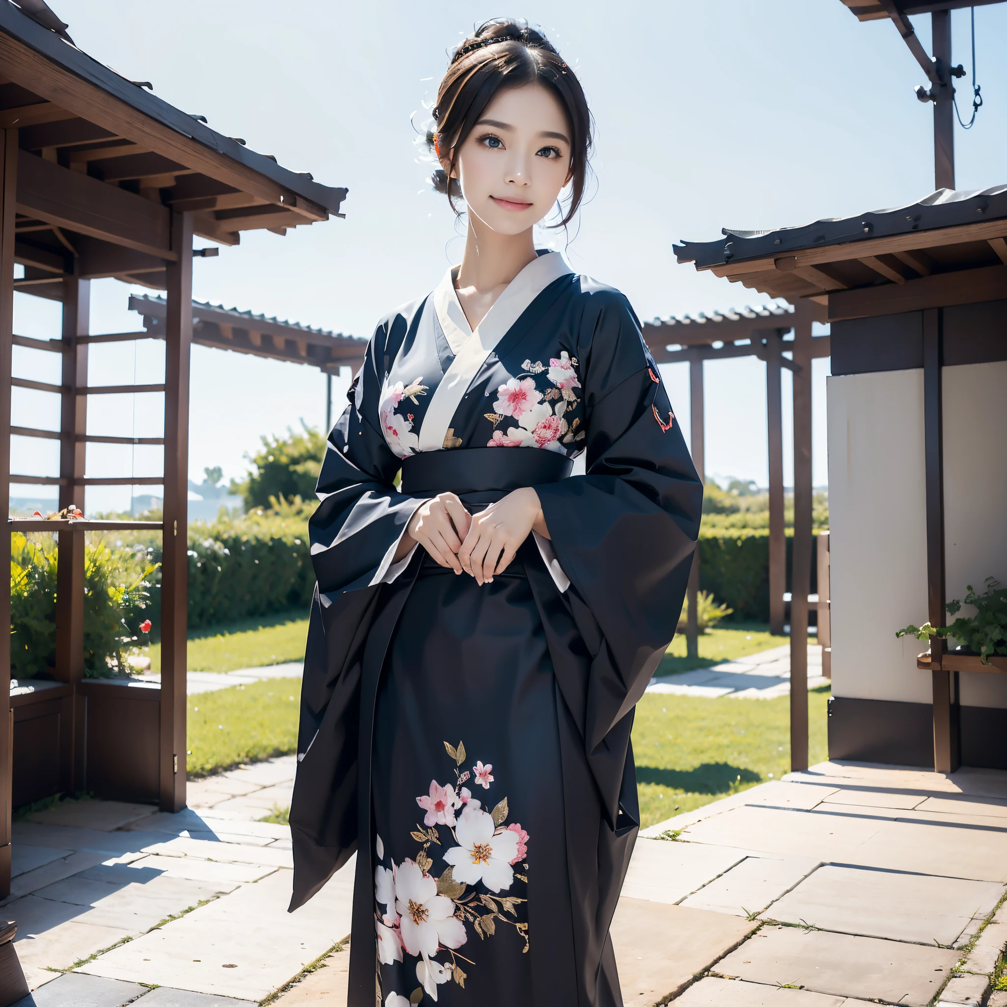 (Super beautiful woman in kimono)、((best qualtiy、8k masterpieces:1.3))、White kimono、foco nítido:1.2、(ultra beautiful faces:1.0)、(shinny skin:1.0)、photos realistic、、from the front side、medium breasts、With a happy smile、Slender Abs Beauty、Whole body、wearing kimonos、