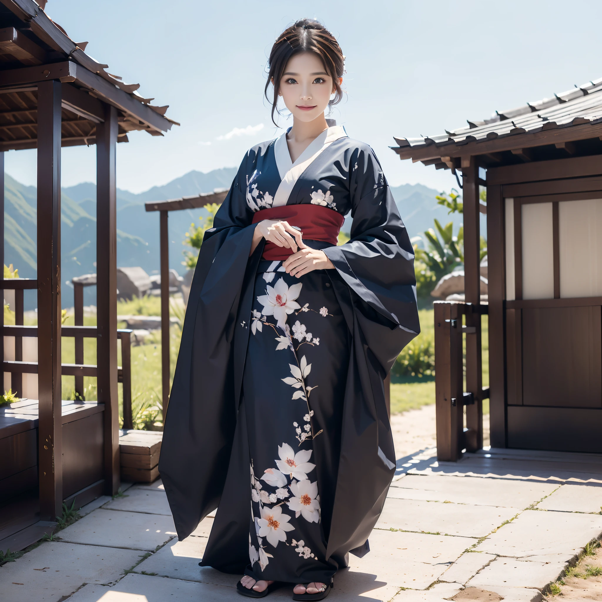 (Super beautiful woman in kimono)、((best qualtiy、8k masterpieces:1.3))、White kimono、foco nítido:1.2、(ultra beautiful faces:1.0)、(shinny skin:1.0)、photos realistic、、from the front side、medium breasts、With a happy smile、Slender Abs Beauty、Whole body、wearing kimonos、