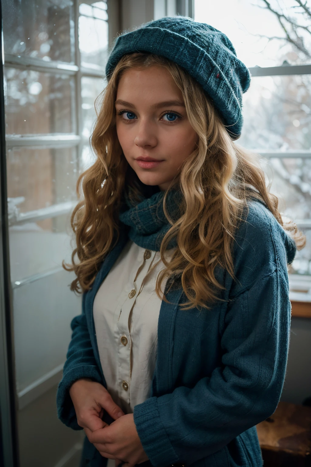 Capture the essence of a cozy Christmas photoshoot at home, highlighting a blonde girl with curly hair, captivating blue eyes, and a perfect silhouette dressed in fashionable winter clothes; employ natural light streaming through a window to create a soft, ethereal glow, Photography, Nikon Z7, 50mm f/1.8 lens