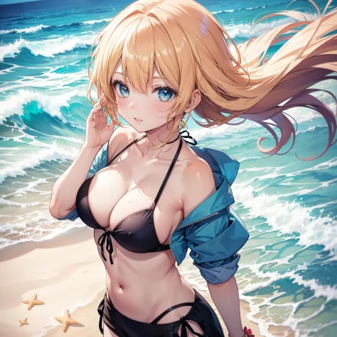 A beautiful anime-style depiction of a beach scene, featuring two adorable girls wearing colorful bikinis, walking hand in hand. The image should be of the highest quality, with a resolution of 4k or 8k, emphasizing ultra-detailed elements and photorealist...