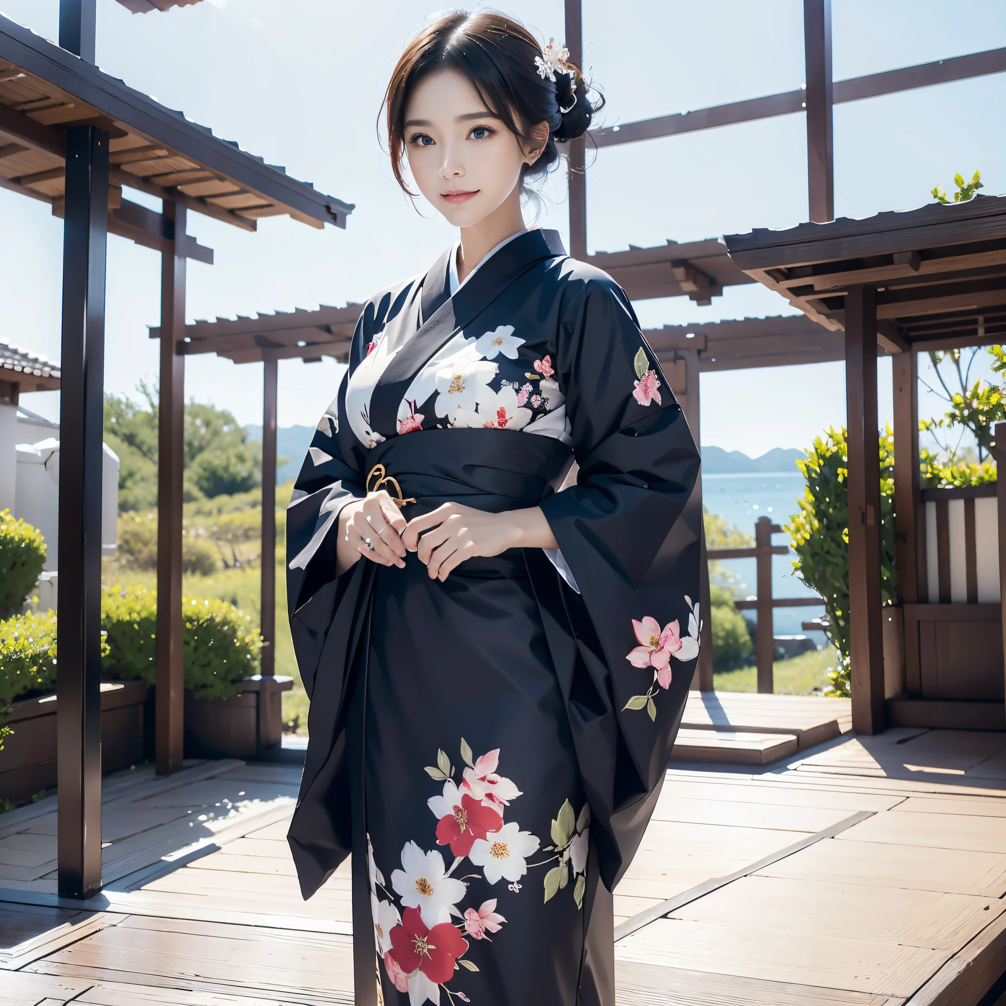 (Super beautiful woman in kimono)、((best qualtiy、8k masterpieces:1.3))、White kimono、with floral pattern、foco nítido:1.2、(ultra beautiful faces:1.0)、(shinny skin:1.0)、photos realistic、、from the front side、medium breasts、With a happy smile、Slender Abs Beauty、Whole body、wearing kimonos、