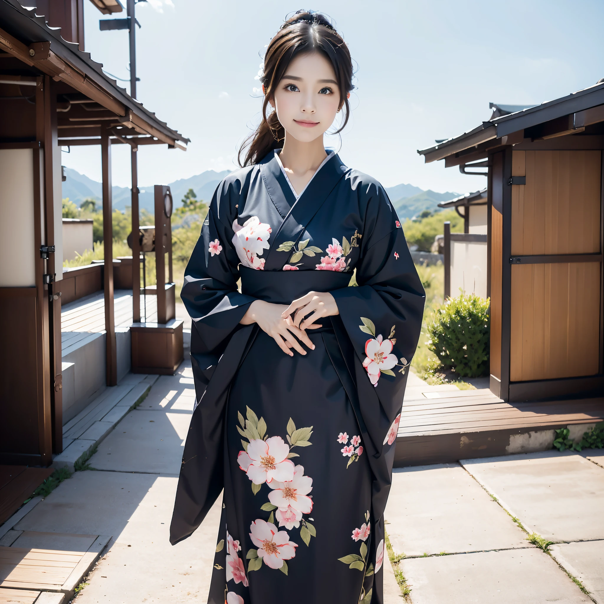 (Super beautiful woman in kimono)、((best qualtiy、8k masterpieces:1.3))、White kimono、with floral pattern、foco nítido:1.2、(ultra beautiful faces:1.0)、(shinny skin:1.0)、photos realistic、、from the front side、medium breasts、With a happy smile、Slender Abs Beauty、Whole body、wearing kimonos、