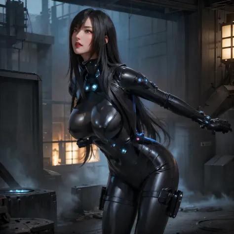 (masterpiece:1.1, Best Quality:1.1, 16K HDR, High resolution), (1girl in, Solo), (GANTZ&#39;s Reika Shimodaira&#39;s ultra-realistic portrait),  (Black hair, Long hair), (Latex bodysuit, realistic gantz suit, Detailed Gantz Suit, Black Suit), long boots, (...