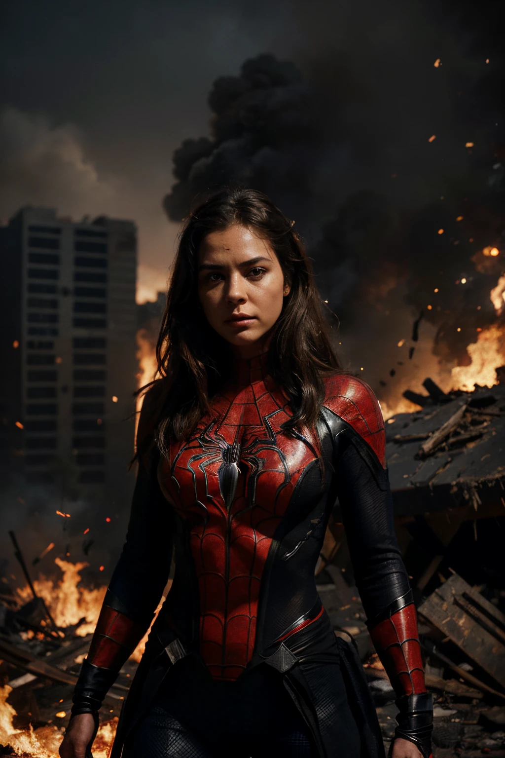 Create an image with advanced image quality and resolution, featuring super detailed depiction of a woman wearing a Spider-Man-inspired outfit. Position her at the center of the composition, with a war-torn backdrop engulfed in flames. Ensure the portrayal of the intricacies of the costume, capturing textures and unique features. The fiery war scene should be realistically rendered, incorporating elements such as smoke, debris, and dramatic lighting effects. This image is intended to convey a powerful and visually engaging scene, combining the strength of the female Spider-Man attire with the urgency and chaos of the war setting.