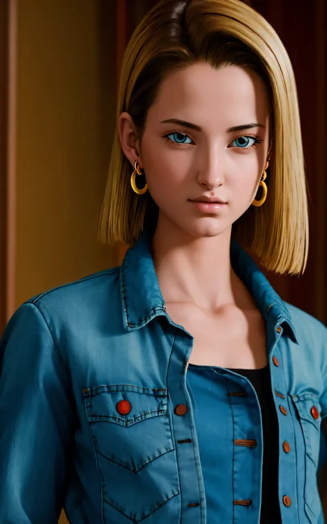 (masterpiece, best quality), realistic version of android18, earrings, denim, belt upper body, focus face, perfect face, emily r...